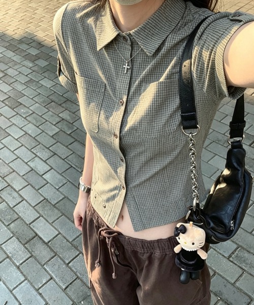 GEMEDA（ジェメダ）の「チェック柄半袖シャツ（シャツ/ブラウス・レディース・カーキ・M）」の4枚目の写真