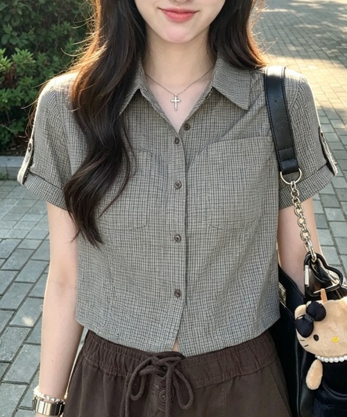 GEMEDA（ジェメダ）の「チェック柄半袖シャツ（シャツ/ブラウス・レディース・カーキ・M）」の5枚目の写真