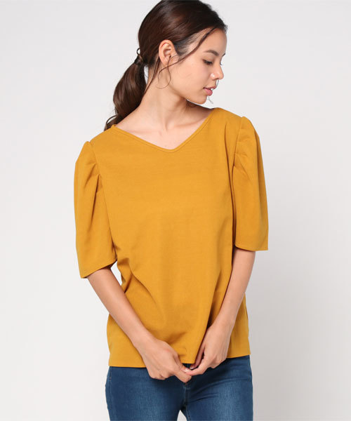 Re:EDIT(リエディ)の「薄手ポンチ5分袖タックショルダー両Vネックトップス(Tシャツ/カットソー・レディース・ベージュ/マスタード/ブラウン/グリーン/ブラック/アイボリー・MEDIUM/LARGE)」の20枚目の写真