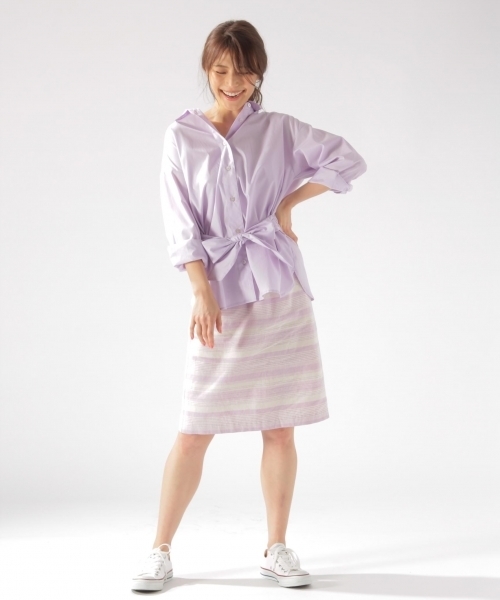 BAYFLOW（ベイフロー）の「BAYFLOW／コットンリネンボーダータイトスカート 18SS（スカート・レディース・パープル/ブルー・MEDIUM/SMALL）」の2枚目の写真