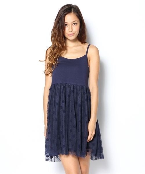 mystic(ミスティック)の「カット×ドットチュールタンクOP(ワンピース・レディース・ブラック/ネイビー/ベージュ・フリ-)」の3枚目の写真