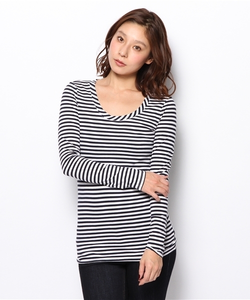 PLST(プラステ)の「クルーネックボーダージャージー長袖カットソー(Tシャツ/カットソー・レディース・ホワイト/ネイビー・2)」の2枚目の写真