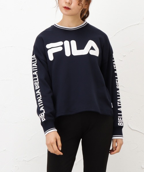 FILA(フィラ)の「FILA フィラ 裏毛ショート丈袖プリントラインリブトレーナー(スウェット・レディース・ネイビー/グレー/ピンク・M/L/XL)」の1枚目の写真