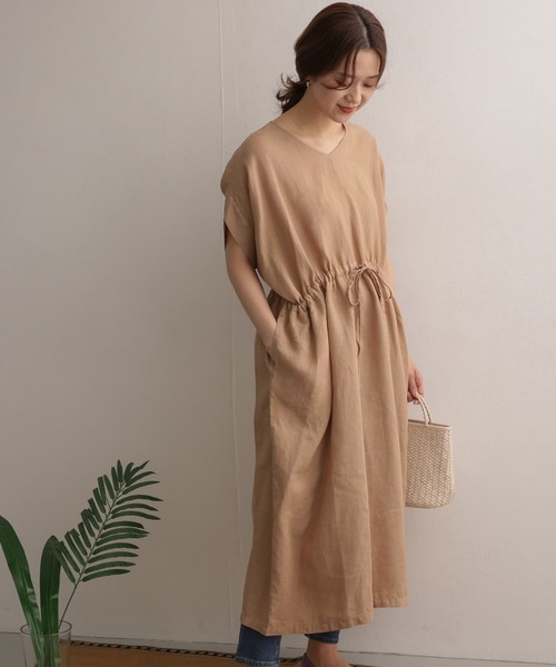 リゼッタ ヘリンボーン柄 ウエストギャザー リネンワンピース