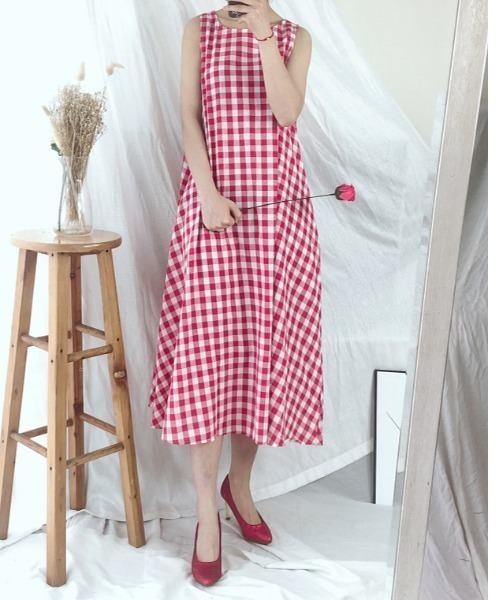 【美品】ブルーレーベル 赤チェック ノースリーブ フレアワンピース S 36 24669582_8_D_215.jpg