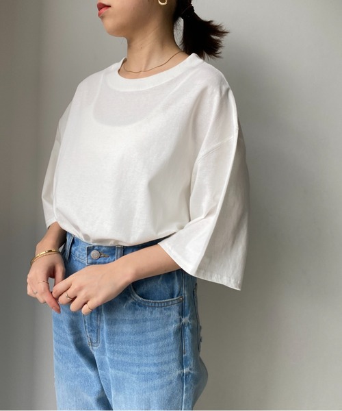 moment+（モーメントプラス）の「コットン100％カラーロゴプリント半袖T（Tシャツ/カットソー・レディース・チャコールグレー/ベージュ/オフホワイト/オレンジ/ブルー/グリーン・M）」の10枚目の写真