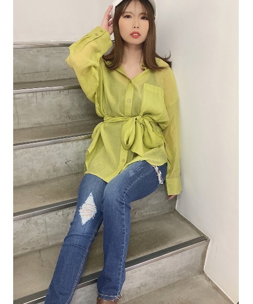 one way（ワンウェイ）の「【oneway】リボン付きシアーシャツ（シャツ/ブラウス・レディース・ホワイト/ライトグレー/ブラック/ライトイエロー/ライトブラウン・FREE）」の9枚目の写真