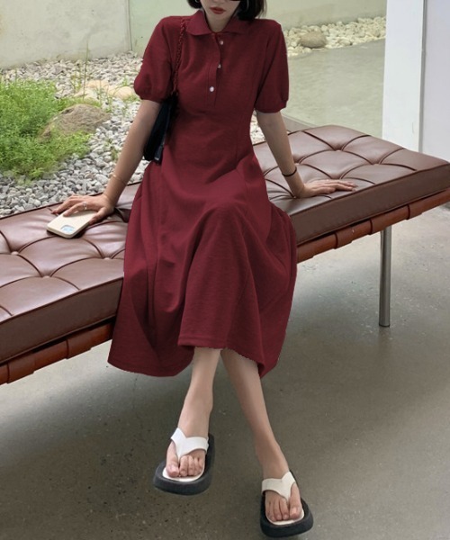 ABITOKYO(アビトーキョー)の「パフスリーブポロ衿ロングワンピース(ワンピース・レディース・ブラック/グレー/モカ/グリーン/ピンク/ボルドー/ネイビー/ブルーグリーン/オレンジ/イエロー/ベージュ・S/M)」の10枚目の写真