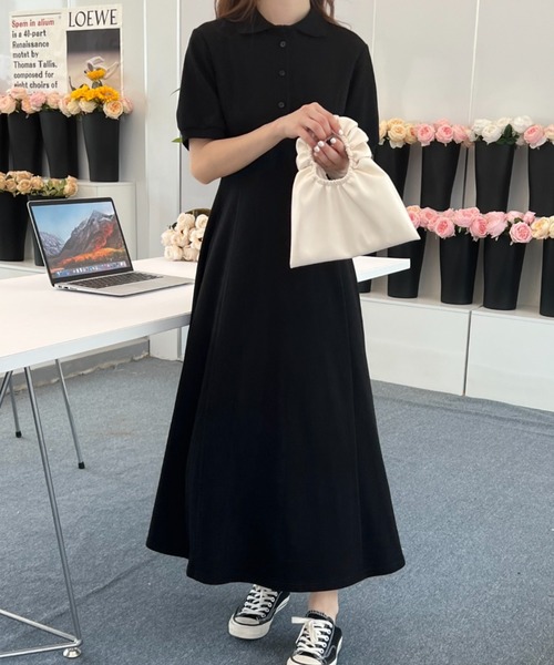 ABITOKYO(アビトーキョー)の「パフスリーブポロ衿ロングワンピース(ワンピース・レディース・ブラック/グレー/モカ/グリーン/ピンク/ボルドー/ネイビー/ブルーグリーン/オレンジ/イエロー/ベージュ・S/M)」の14枚目の写真