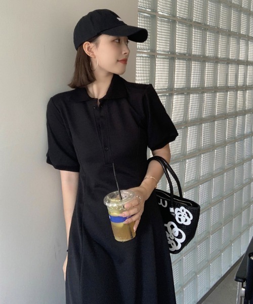  PARTY♡黒のパフスリーブ半袖ロングワンピース ワンピース レディース 黒 半袖 パフスリーブ ロング丈 春 夏 秋