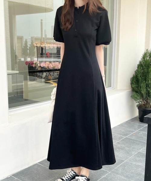 ハンドメイド　まあるい襟のパフスリーブワンピース&エプロンワンピース メイド服、赤クラシカルロングワンピースとコーラルピンクロング