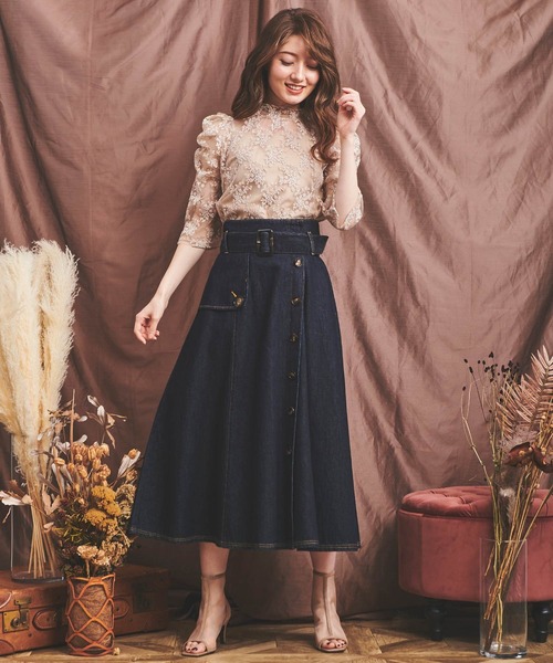 プリンテッド レース インディゴ デニム ワイド ラッフル デニム スカート NOELA（ノエラ）の「トレンチディティールデニムスカート（デニム