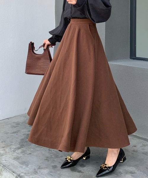 Diosfront（ディオスフロント）の「フェイクウールハイウエストAラインフレアマキシスカート（スカート・レディース・チャコールグレー/ブラック/ダークグリーン/ブラウン/グレー/ワインレッド・S/M/L）」の5枚目の写真