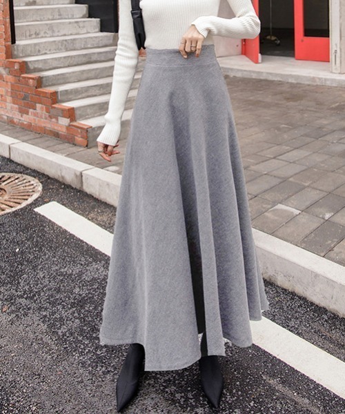 Diosfront（ディオスフロント）の「フェイクウールハイウエストAラインフレアマキシスカート（スカート・レディース・チャコールグレー/ブラック/ダークグリーン/ブラウン/グレー/ワインレッド・S/M/L）」の4枚目の写真