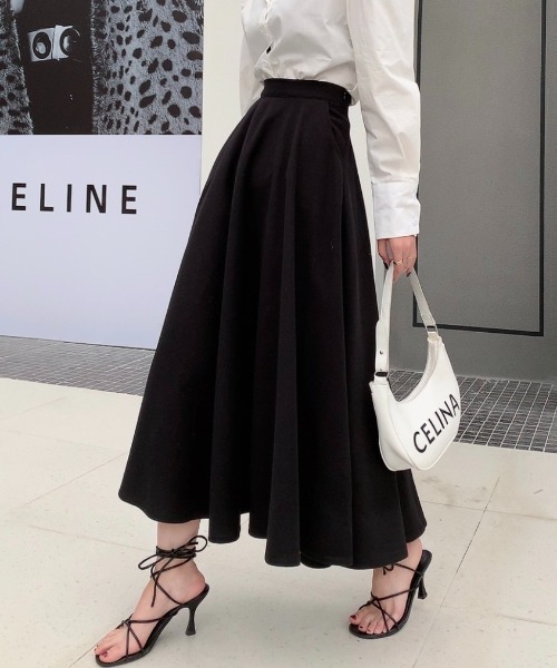 Diosfront（ディオスフロント）の「フェイクウールハイウエストAラインフレアマキシスカート（スカート・レディース・チャコールグレー/ブラック/ダークグリーン/ブラウン/グレー/ワインレッド・S/M/L）」の2枚目の写真