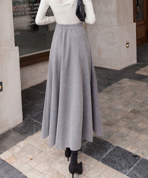 Diosfront（ディオスフロント）の「フェイクウールハイウエストAラインフレアマキシスカート（スカート・レディース・チャコールグレー/ブラック/ダークグリーン/ブラウン/グレー/ワインレッド・S/M/L）」の9枚目の写真