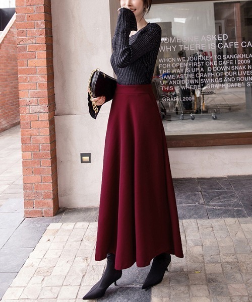 Diosfront（ディオスフロント）の「フェイクウールハイウエストAラインフレアマキシスカート（スカート・レディース・チャコールグレー/ブラック/ダークグリーン/ブラウン/グレー/ワインレッド・S/M/L）」の20枚目の写真