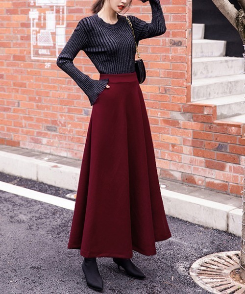 Diosfront（ディオスフロント）の「フェイクウールハイウエストAラインフレアマキシスカート（スカート・レディース・チャコールグレー/ブラック/ダークグリーン/ブラウン/グレー/ワインレッド・S/M/L）」の7枚目の写真