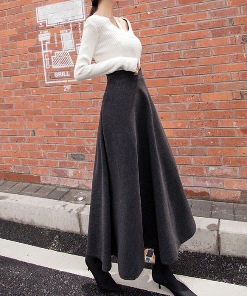Diosfront（ディオスフロント）の「フェイクウールハイウエストAラインフレアマキシスカート（スカート・レディース・チャコールグレー/ブラック/ダークグリーン/ブラウン/グレー/ワインレッド・S/M/L）」の18枚目の写真