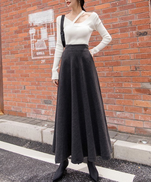 Diosfront（ディオスフロント）の「フェイクウールハイウエストAラインフレアマキシスカート（スカート・レディース・チャコールグレー/ブラック/ダークグリーン/ブラウン/グレー/ワインレッド・S/M/L）」の14枚目の写真