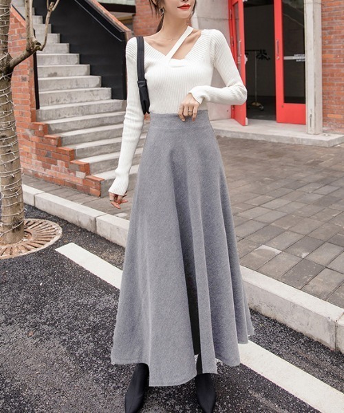 Diosfront（ディオスフロント）の「フェイクウールハイウエストAラインフレアマキシスカート（スカート・レディース・チャコールグレー/ブラック/ダークグリーン/ブラウン/グレー/ワインレッド・S/M/L）」の17枚目の写真