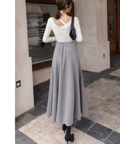 Diosfront（ディオスフロント）の「フェイクウールハイウエストAラインフレアマキシスカート（スカート・レディース・チャコールグレー/ブラック/ダークグリーン/ブラウン/グレー/ワインレッド・S/M/L）」の13枚目の写真