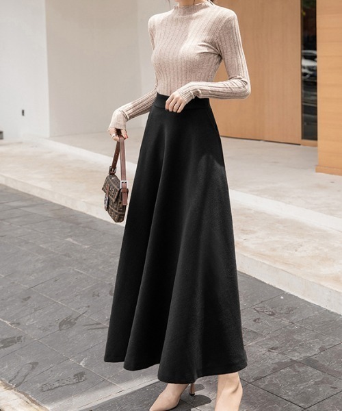 Diosfront（ディオスフロント）の「フェイクウールハイウエストAラインフレアマキシスカート（スカート・レディース・チャコールグレー/ブラック/ダークグリーン/ブラウン/グレー/ワインレッド・S/M/L）」の19枚目の写真