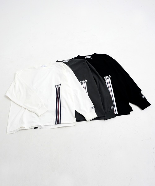 FILA(フィラ)の「【FILA/フィラ】WEB限定 別注 ワンポイントロゴ ラインプリント 綿100% ビックシルエット ドロップショルダー ロンT 長袖Tシャツ(Tシャツ/カットソー・メンズ・ホワイト/チャコールグレー/ブラック・LL/M/L)」の6枚目の写真