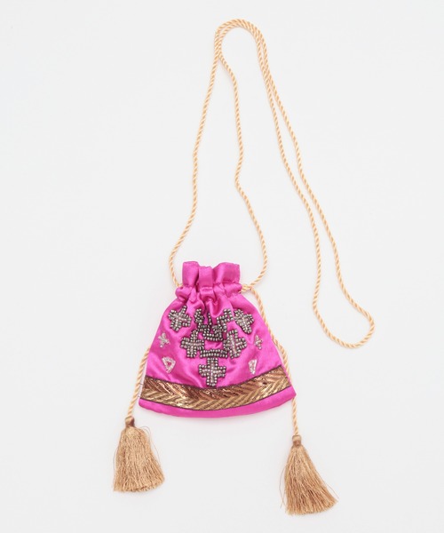 チャイハネ（チャイハネ）の「【チャイハネ】ビーズ刺繍巾着ポーチネックレス（ネックレス・レディース・ブラック/ターコイズブルー/ホワイト/ピンク/イエロー/パープル・FREE）」の6枚目の写真