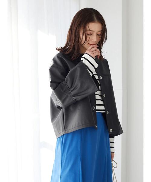 ELENCARE DUE（エレンカーレデュエ）の「・ELENCARE DUE 合皮ノーカラーブルゾン＊（ブルゾン・レディース・グレイッシュベージュ/ブラック・FREE）」の7枚目の写真