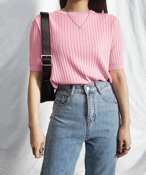 me+em select(ミームセレクト)の「【 9色展開 】半袖サマーリブニットトップス(ニット/セーター・レディース・ホワイト/ブラック/ライトグリーン/アイボリー/ミント/ピンク/オレンジ/ブルー/グリーン・FREE)」の2枚目の写真