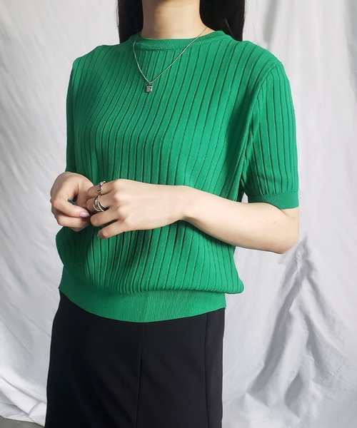 me+em select(ミームセレクト)の「【 9色展開 】半袖サマーリブニットトップス(ニット/セーター・レディース・ホワイト/ブラック/ライトグリーン/アイボリー/ミント/ピンク/オレンジ/ブルー/グリーン・FREE)」の6枚目の写真