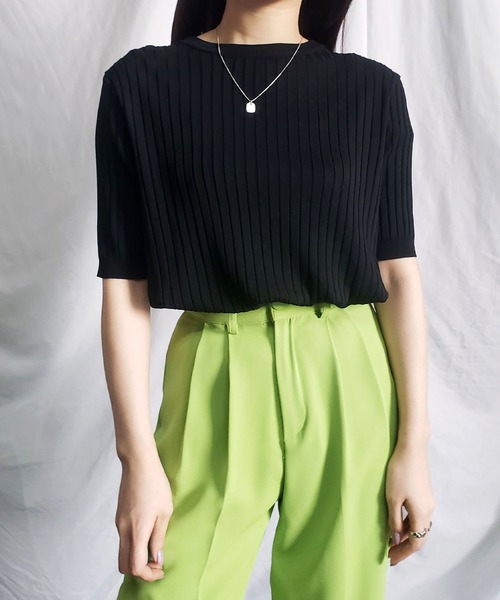 me+em select(ミームセレクト)の「【 9色展開 】半袖サマーリブニットトップス(ニット/セーター・レディース・ホワイト/ブラック/ライトグリーン/アイボリー/ミント/ピンク/オレンジ/ブルー/グリーン・FREE)」の5枚目の写真