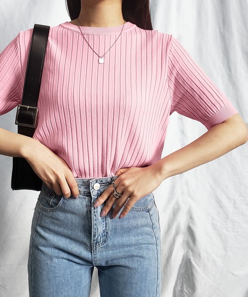 me+em select(ミームセレクト)の「【 9色展開 】半袖サマーリブニットトップス(ニット/セーター・レディース・ホワイト/ブラック/ライトグリーン/アイボリー/ミント/ピンク/オレンジ/ブルー/グリーン・FREE)」の16枚目の写真