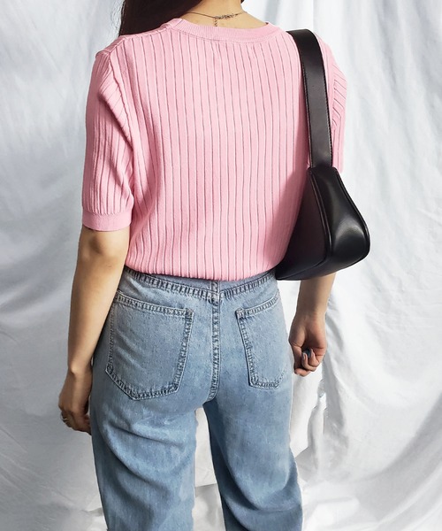 me+em select(ミームセレクト)の「【 9色展開 】半袖サマーリブニットトップス(ニット/セーター・レディース・ホワイト/ブラック/ライトグリーン/アイボリー/ミント/ピンク/オレンジ/ブルー/グリーン・FREE)」の17枚目の写真