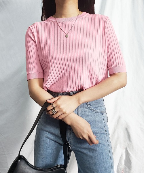 me+em select(ミームセレクト)の「【 9色展開 】半袖サマーリブニットトップス(ニット/セーター・レディース・ホワイト/ブラック/ライトグリーン/アイボリー/ミント/ピンク/オレンジ/ブルー/グリーン・FREE)」の14枚目の写真