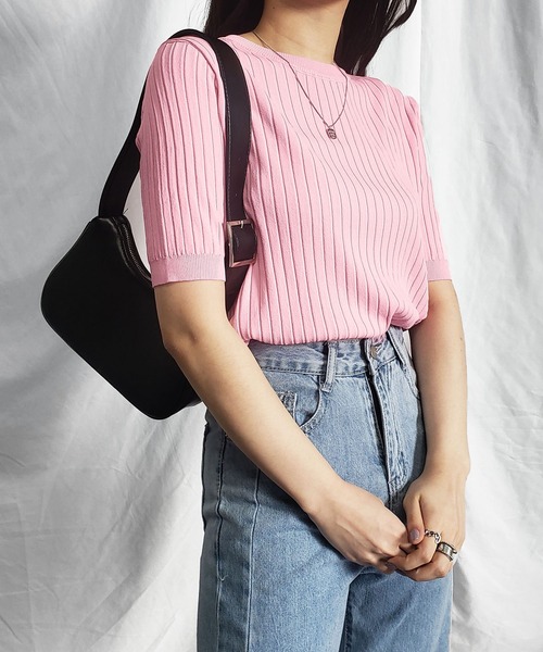 me+em select(ミームセレクト)の「【 9色展開 】半袖サマーリブニットトップス(ニット/セーター・レディース・ホワイト/ブラック/ライトグリーン/アイボリー/ミント/ピンク/オレンジ/ブルー/グリーン・FREE)」の15枚目の写真