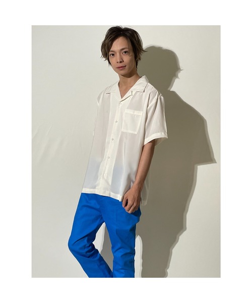 おしゃれスタ(オシャレスタ)の「ゆったりシルエットポリエステル無地オープンカラー半袖シャツ(IR)(シャツ/ブラウス・メンズ・サックスブルー/グリーン/グレイッシュベージュ/ホワイト/ブラック/モカ・L/M/XL)」の7枚目の写真