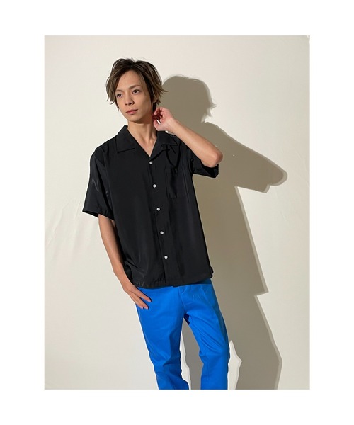 おしゃれスタ(オシャレスタ)の「ゆったりシルエットポリエステル無地オープンカラー半袖シャツ(IR)(シャツ/ブラウス・メンズ・サックスブルー/グリーン/グレイッシュベージュ/ホワイト/ブラック/モカ・L/M/XL)」の15枚目の写真