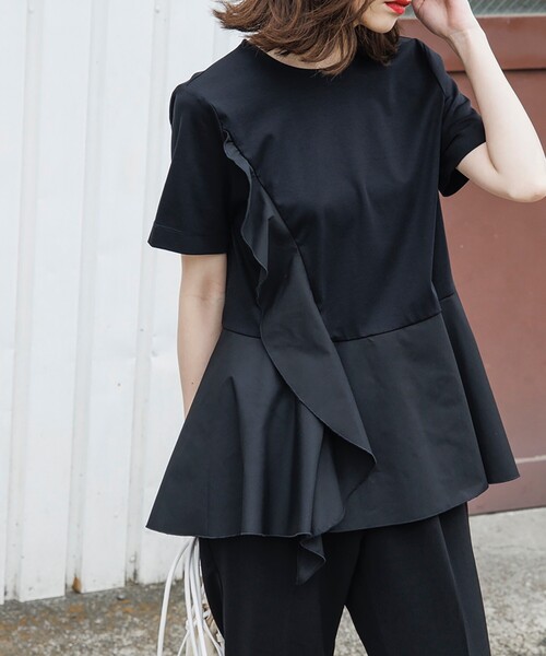 OPAQUE.CLIP（オペークドットクリップ）の「◆シルケットコットン フハク切替 フリルカットソー【WEB限定サイズ】（Tシャツ/カットソー・レディース・ブラック/ホワイト系/ライトブルー/ブラウン系その他・40/38/42/36/34）」の11枚目の写真