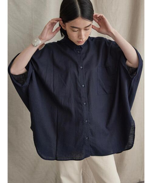 AMERICAN HOLIC（アメリカンホリック）の「リネンブレンドロールアップシャツチュニック（シャツ/ブラウス・レディース・ネイビー/オフホワイト/キャメル・L/M）」の5枚目の写真