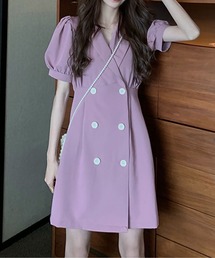 Vネック半袖ハイウエストジャケットワンピース