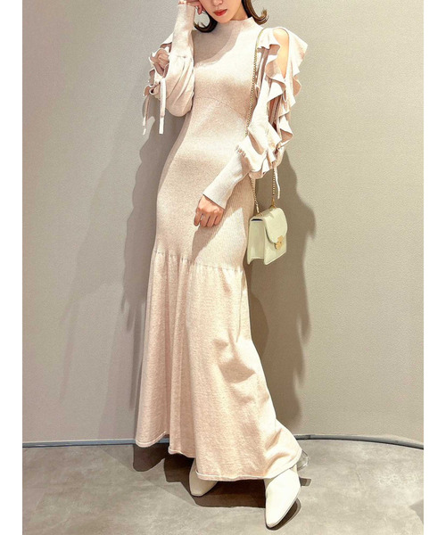 dazzlin（ダズリン）の「フリルスリーブダブルリボンニットワンピース（ワンピース・レディース・ベージュ/パープル/グリーン/ブラック・FREE）」の6枚目の写真