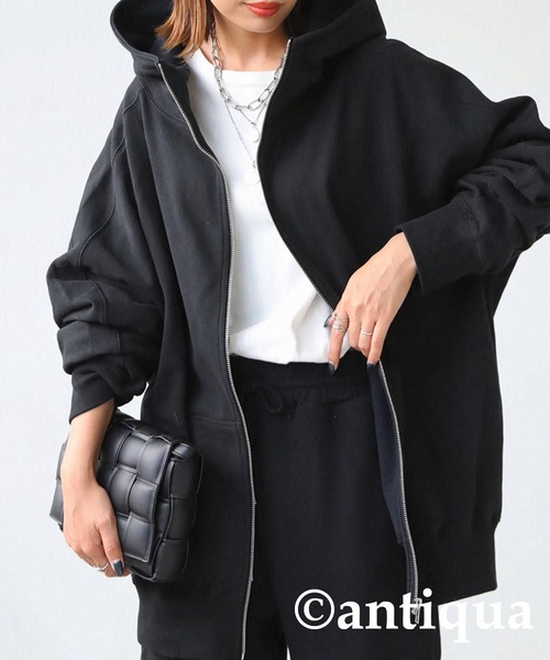 antiqua（アンティカ）の「綿100%ジップラグランショート丈パーカー（パーカー・レディース・ブラック/カーキ/杢グレー/ブルー系その他・FREE）」の6枚目の写真