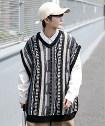 neos | 【neos -addictive design-】ビッグシルエット ジャガード レトロ ビンテージライク Vネック ニット ベスト(ベスト)