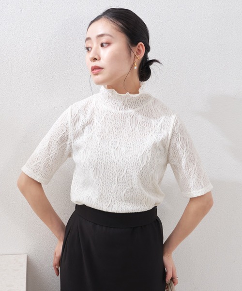 VANNIE U(ヴァニーユー)の「シアーウェーブハイネックトップス(Tシャツ/カットソー・レディース・ブラック/ホワイト/ライトグリーン・FREE)」の5枚目の写真