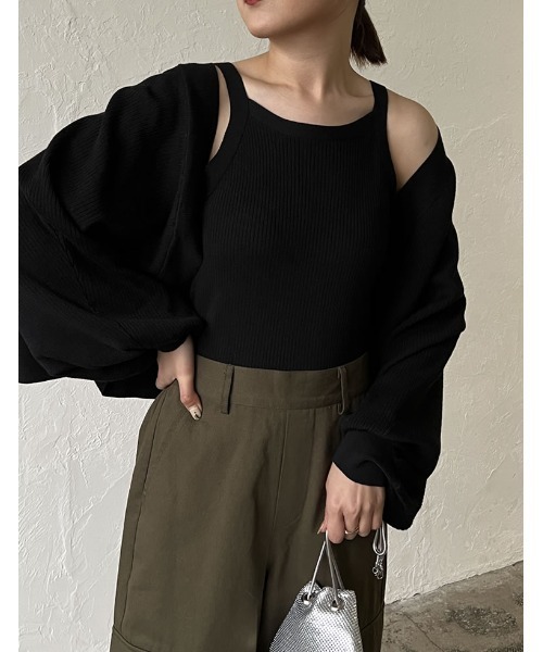Re:EDIT（リエディ）の「[2023S/S COLLECTION][2点セット]配色or無地ニットボレロ×アメスリキャミソールアンサンブル（アンサンブル・レディース・アイボリー/ベージュ×ブラック/ホワイト×ブラック/ブラック・LARGE/MEDIUM）」の3枚目の写真