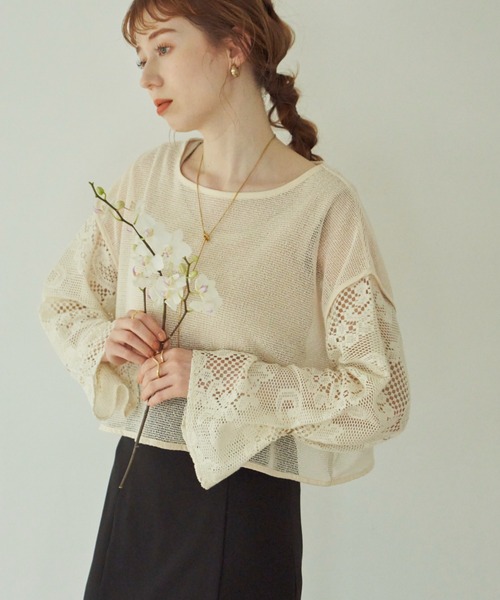 hinari（ヒナリ）の「レースメッシュ2WAYプルオーバー（Tシャツ/カットソー・レディース・ベージュ/アイボリー・FREE）」の6枚目の写真