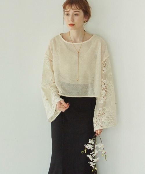 hinari（ヒナリ）の「レースメッシュ2WAYプルオーバー（Tシャツ/カットソー・レディース・ベージュ/アイボリー・FREE）」の5枚目の写真