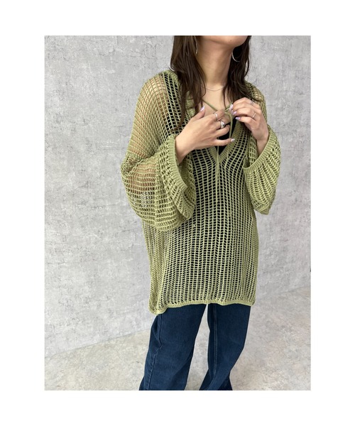 owndaily(オンデイリー)の「メッシュスキッパーニット(Tシャツ/カットソー・レディース・ブラック/グリーン/アイボリー・FREE)」の6枚目の写真